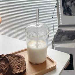 500ML Drinking Glass Cup with Lid and Straw High Borosilicate Glass Tumbler Cup Bottle Reusable Leakproof for Iced Coffee Tea 240416