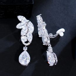 Earrings CWWZircons High Quality CZ Crystal Women Wedding Party Jewelry Big Long Water Drop Clip On Non Pierced Earrings With Clips CZ113