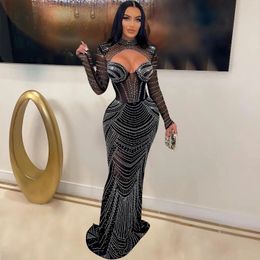Leosd Sexy Sparkly Mesh Long Party Dress with Rhinestones Women Cut Out Long Sleeve Turtleneck Evening Dresses Party Clubwear 240420