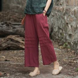 Women's Pants Capris Yasuk AllSeason womens casual soft cotton linen wide leg Chinese style retro solid nine season pants pleated Y240422