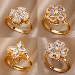 Bands Four Clover Rotating Anxiety Rings for Women Gold Colour Adjustable Stainless Steel Wedding Ring Aesthetic Jewellery Gift anillos