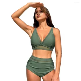 Women's Swimwear Women Sexy Bikini Set V-neck Padded Bra High Waist Trucks Mesh Splicing Bathing Suit Beachwear Swimming