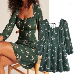 Casual Dresses Pastoral Floral Printed Square Collar Chest Wooden Ear French Ruffles Backless Long Sleeves Mini Dress