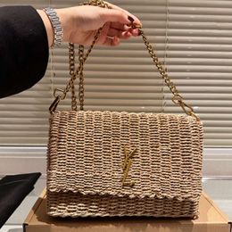 New Natural Fibre Crossbody Bag Women's Luxury Designer Bag Classic Metal Lettering Straw Woven Envelope Bag Shoulder Handbag No Box