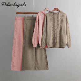 Women's Two Piece Pants Winter Thick Women Suits Sets Hooded Twist Loose Pullover Sweaters And Long Knitted Wide Leg Sportsuits