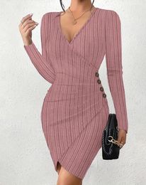 Casual Dresses Women's Knitted Dress Autumn/Winter Solid Colour V-Neck Tight Wrapped Hip Slim Fit Sexy Long Sleeve Button Women