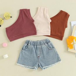 Clothing Sets 1-5Y Children Kids Girl Summer Solid Color Ribbed Sleeveless One Shoulder Tank Tops Jean Short Pants 2pcs Outfits