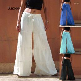 Women's Pants Summer Casual Ruffled Loose Ladies Large Size Pure Colour Folded Wide Leg Flared Beach