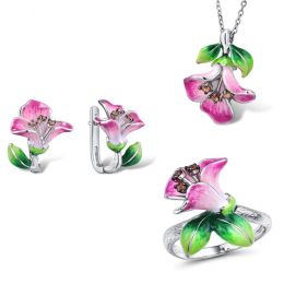 Necklaces 2023 Trendy 925 Sterling Silver Earrings Rings Necklaces For Women Pink Flower Enamel Jewellery Set Lady Anniversary Gifts