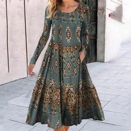 Casual Dresses Autumn Winter Arrival Women Simple Fashionable Round Neck Long Sleeve Pockets Elegant Slim Vintage Printed Pullover Dress