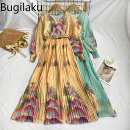 Casual Dresses Bugilaku Beach Style Temperament Dress Women V-neck Long Puff Sleeve Belt Folds Female Flower Printed Vintage Robe Femme