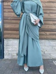 Clothing Muslim Woman Under Abaya Dress Sets 2 Piece Satin Islamic Clothing Casual Dubai Turkish Modest Outfits Hijab Robe Ramadan Eid
