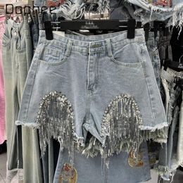 Women's Jeans Beads Rhinestones Sequins Fringed Burr Denim Shorts Female 2024 Spring/Summer Korean Style Baggy High Waist Short Mujer