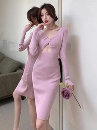 Casual Dresses Women Sexy Knitted Dress Ladies Backless Hollow Out Tie Full Sleeves V-neck Slim-Fit Over Hip Skinny Knee-length Pencil