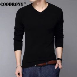 Shirts Coodrony Casual Slim Fit Sweater Men Classic Pure Black Pullover Men Solid Colour Vneck Pull Homme Cashmere Wool Sweaters Shirts