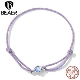 Strands BISAER New 925 Sterling Silver Funny Fish Bracelet Purple Chain Adjustable Hand Rope for Women Fine Allmatch Jewellery Gift