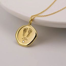 Necklaces Custom Baby Footprint Necklace Stamp Gold Stainless Steel Birthstone Pendant Personalised Handprint Kids Name Jewellery Gift