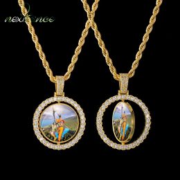 Necklaces Nextvance Custom Made Photo Rotating DoubleSided Medallions Pendant Necklace 3mm Tennis Chain Zircon Men's Hip Hop Jewellery