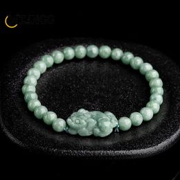 Strands Natural A Goods Jadeite Deep Bean Green PiXiu Hand String Elastic Jade Bead Bracelet Men and Women Fashion Charm Jewelry