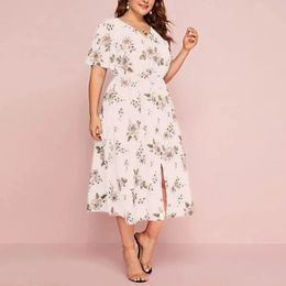 Women Midi Dress Large Hem Lady Summer Short Sleeve V Neck Tight Waist Plus Size Female Clothes 240411