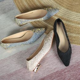 Dress Shoes 2024 Summer Square Low Heels Women Brand Design Luxury Silk Pointed Toe Heeled Female Elegant Wedding Pumps