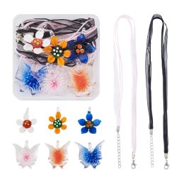 Necklaces 12pcs Flower Butterfly Handmade Lampwork Pendant Mixed Color Necklace Organza Thread Cord DIY Charms Necklace Jewelry Making Kit