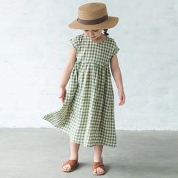 Girl Dresses Summer Girls Fresh Green Plaid Dress Fashion Short Sleeved Children's Japanese Casual Loose Cotton V-Neck TZ307