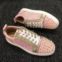 Casual Shoes 2024 Luxury Men's And Women's Pink Crystal Flat Bottomed Diamond Inlaid Sports Rivet Red Soled