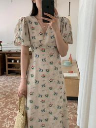 Party Dresses French Retro Break Design Floral Waist Lacing Up To Puffy Sleeve Mid-length Dress