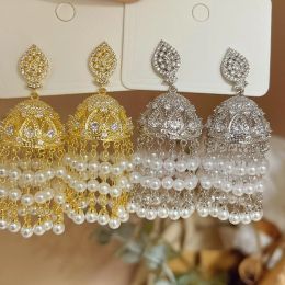 Earrings Women Exaggerated golden birdcage pearl earrings fashion retro luxury lantern zircon tassel wind chimes bell