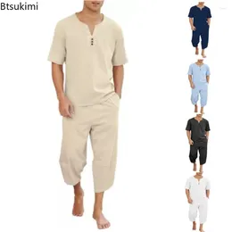 Men's Tracksuits 2024 Hip Hop Cotton Linen Sets Comfort Breathable Men Casual Sport 2 PCS Fashion V-neck Short Sleeve Tops Pants Suit