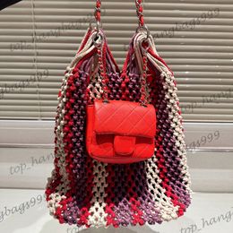 Womens Vintage Red Luxury Brand 2in1 Yarn Knitting String Composite Bags With Classic Mini Flap Quilted Coin Purse Tiny Pouch Large Capacity Shoulder Handbags 30cm