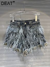 DEAT Streetwear Fashion Diamond Beads Feather Tassels Denim Shorts For Women High Waist Short Pants 2024 Female Autumn 11XX5620 240410