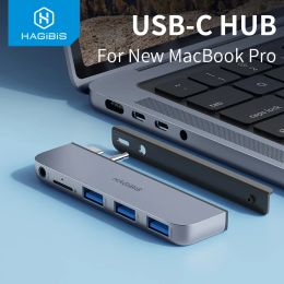 Hubs Hagibis USB C Hub for NEW Macbook Pro Typec docking station USB C adapter with USB 3.0 Micro SD 3.5mm AUX port 14/16 inch M1 M2