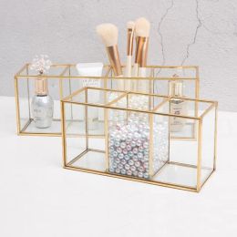 Organisation Transparent Glass Makeup Brush Storage Box Gold Cosmetics Container Ring Pencil Lipstick Holder Make Up Brushes Organiser