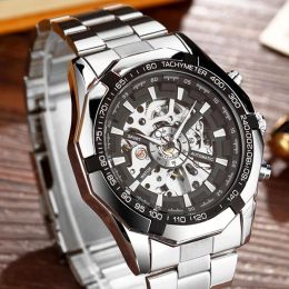 Kits Luxury Automatic Mechanical Watch for Men Skeleton Stainless Steel Selfwind Wrist Watch Silver Gold Men Clock relogio masculino