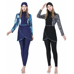 Clothing HAOFAN 2024 Muslim Swimwear Women Modest Patchwork Hijab Long Sleeves Sport Swimsuit 3pcs Islamic Burkinis Wear Bathing Suit 4XL