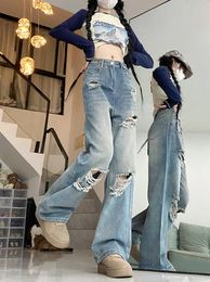 Women's Jeans Korean Casual Light Blue Hole For Women 2024 Summer Thin High Waist Loose Hip Hop Wide Leg Pants