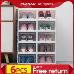 Bins 6Packs Transparent Shoe Box Shoes Organisers Plastic Thickened Foldable Dustproof Storage Box Stackable Combined Shoe Cabinet