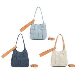 2024 New Denim Woven Basket Bag: Genuine Leather Strap, ivory white Foldable Mini Crossbody & Shoulder Tote