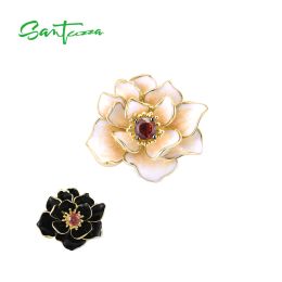 Pendants SANTUZZA Authentic 925 Sterling Silver Pendant For Women Exquisite White Black Enamel Lotus flower Garnet Elegant Fine Jewellery