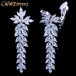 Earrings CWWZircons Long Leaf Drop Clip On Ear Non Pierced Earrings Cubic Zirconia Crystal Setting Women Wedding Party Accessories CZ404