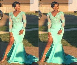 2019 New Mermaid African Cheap Prom Dresses for Black Girl V Neck Mint Green Lace Long Sleeves Prom Dress High Split Evening Gowns7828387