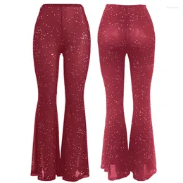 Women's Pants 2024 Summer Wine Red Transparent Wide Leg Y2K Trousers Sexy High Waist Women Fashion Flash Diamond Streetwear