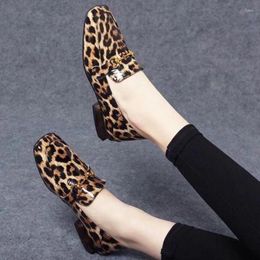 Dress Shoes Women's Square Toe Single 2024 Summer Metal Button Leopard Heeled For Women Retro Shallow Slip On Ladies Pumps