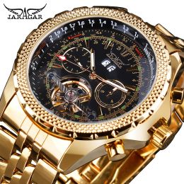 Kits Jaragar Mens Watch Mechanical Golden Black Tourbillon Date Business Fashion Steel Band Sport Watches Automatic SelfWind Relogio