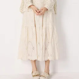 Skirts Spring Summer Mori Girl Women Lace Embroidery Skirt White Beige Color Hollow Out Loose Female Medium Length A-line K073