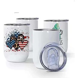 12 Oz Sublimation Blanks Mugs Straight Stainless Steel Insulated Tumblers Full Wrap Heat Transfer With Spill-Proof Sliding Lid For Coffee Tails 0422