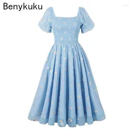 Party Dresses Daisy Floral Mesh Embroiderey Blue Dress Women Summer Clothes Square Neck Shirred Lantern Sleeve Vintage Pleated Holiday