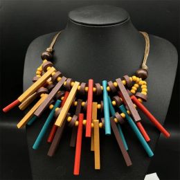 Necklaces Handmade Bohemian Layered Wood Beads Bar Statement Necklace for Women Chunky Choker Multicoloured Wooden Necklace Wholesale